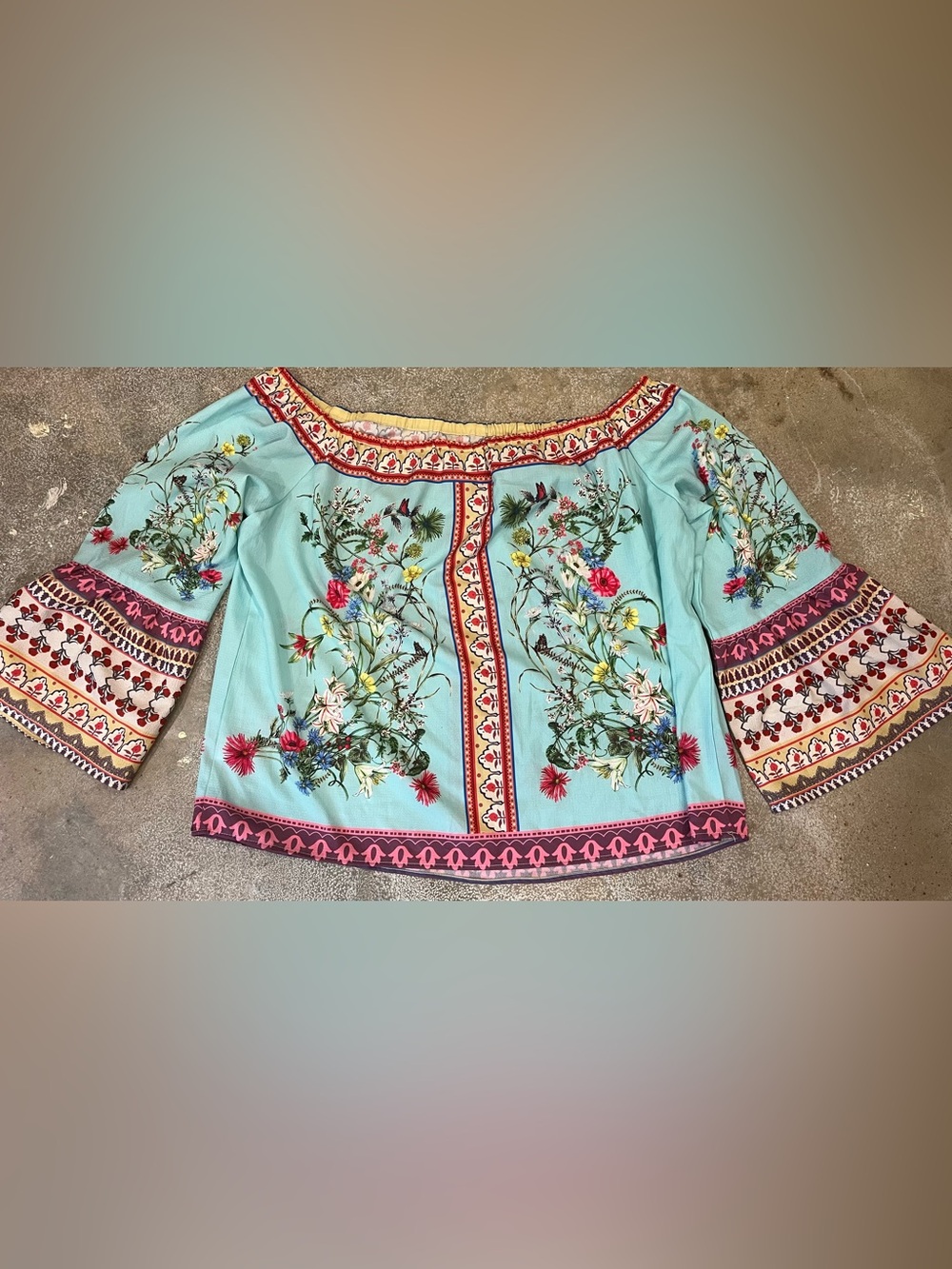 Bungee Turquoise Floral Boho Peasant Top - Picture 3 of 4